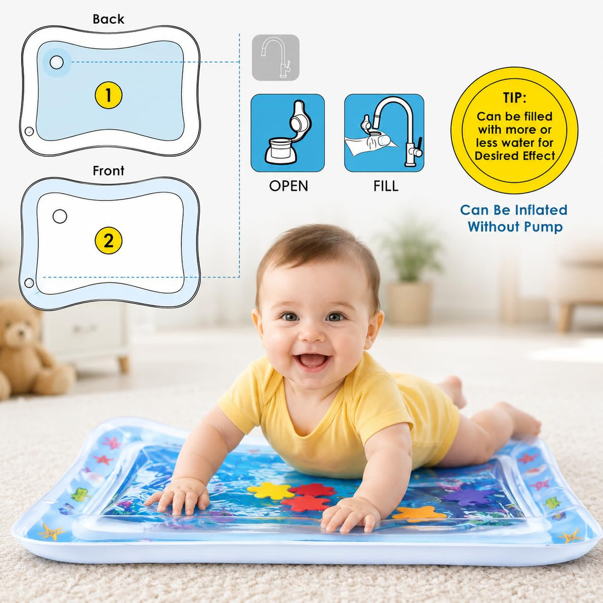 HUPLA Inflatable Baby Tummy Time Water Play Mat | Sensory Activity Mat with Floating Sea Animals for Infants | Blue