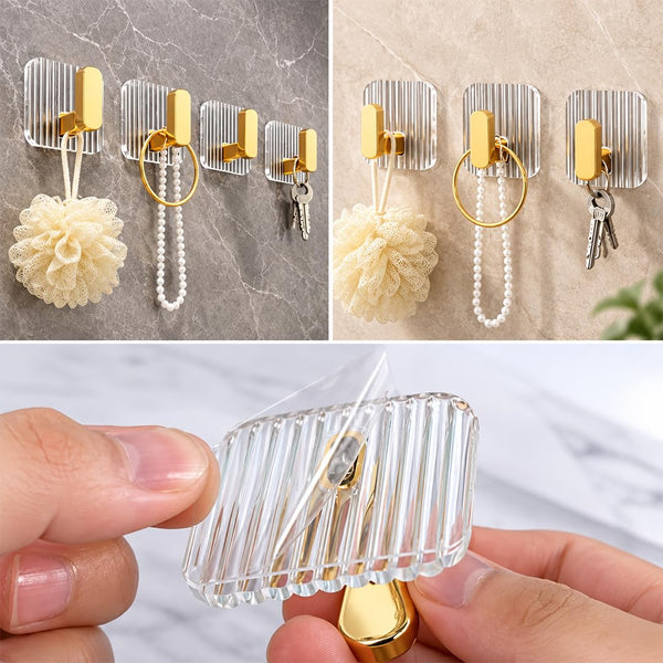 HUPLA Luxury Gold Self-Adhesive Wall Hooks – Pack of 3 | No-Drill Bathroom & Kitchen Hooks for Towels, Loofahs, Keys & Accessories | Transparent Wall-Mounted Hooks