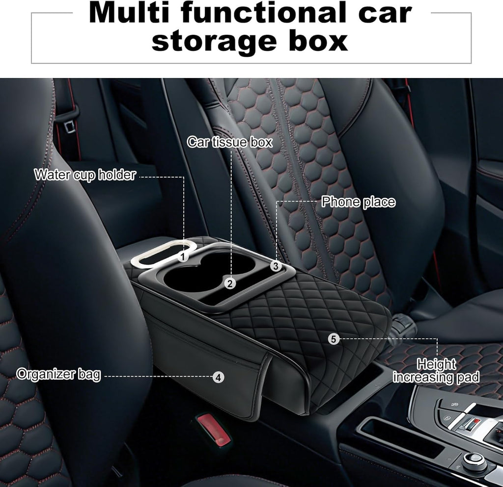 HUPLA Car Seat Organizer with Cup Holder & Tissue Box | PU Leather Back Seat Organizer | Foldable Car Armrest Console | Storage Tray for Car Interior (Black)HUPLA Car Seat Organizer with Cup Holder & Tissue Holder | Premium PU Leather