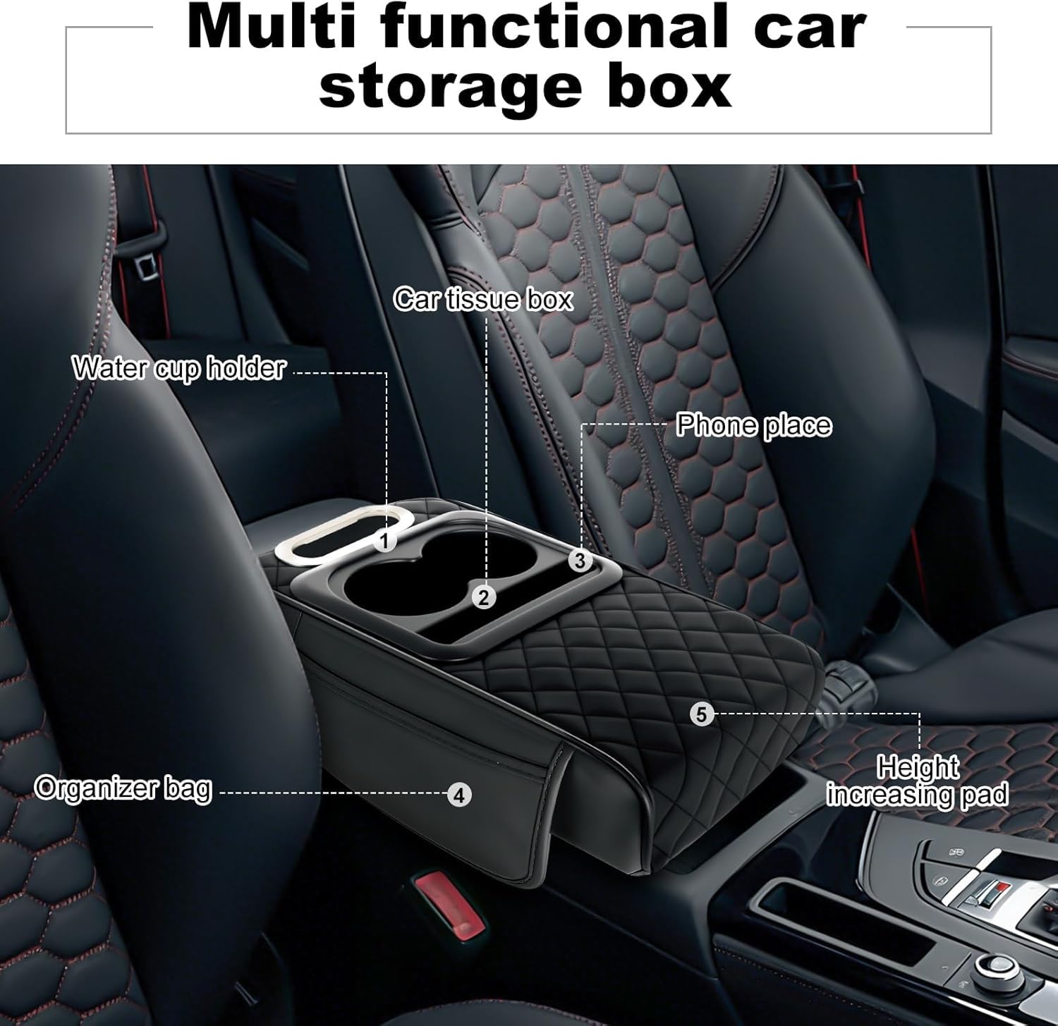 HUPLA Car Seat Organizer with Cup Holder & Tissue Box | PU Leather Back Seat Organizer | Foldable Car Armrest Console | Storage Tray for Car Interior (Black)HUPLA Car Seat Organizer with Cup Holder & Tissue Holder | Premium PU Leather
