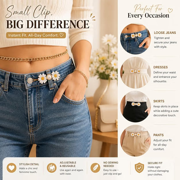 Daisy Flower Jeans Waist Button Set – Black & White Decorative Adjustable Waist Buttons for Jeans, Pants & Skirts | Pack of 2