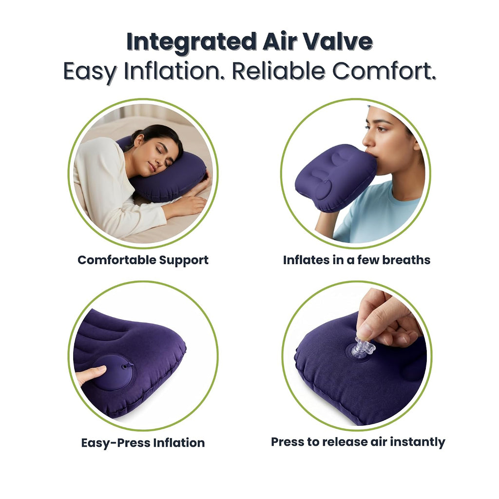 Inflatable Neck Support Pillow with Built-in Air Pump – Soft Velvet Travel Pillow with Separate Air Valve, Random Colour