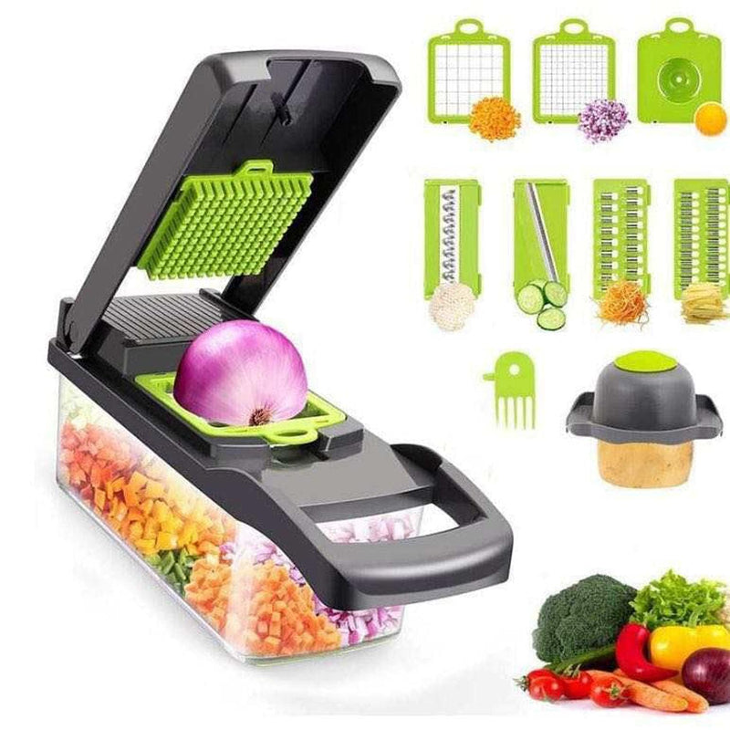HUPLA 16-in-1 Multifunction Vegetable Chopper & Slicer with Container | Manual Veggie Cutter, Dicer, Grater, Julienne Slicer & Peeler | Kitchen Food Preparation Tool – Black & Green