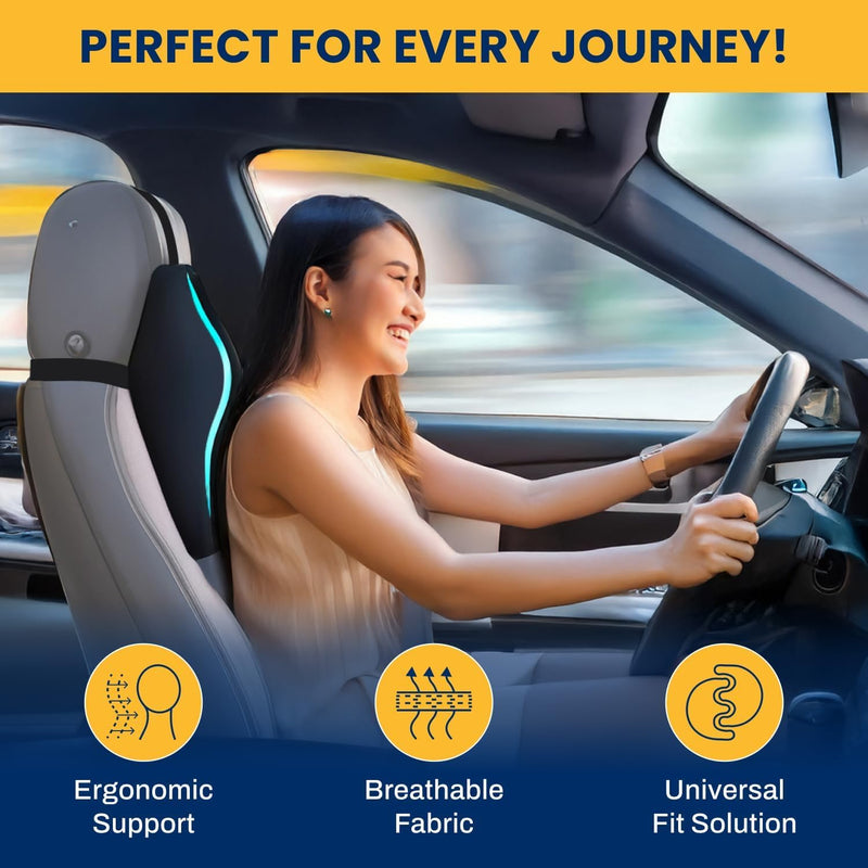 HUPLA Ergonomic Car Neck & Upper Back Support Cushion | Contoured Memory Foam-Style Headrest Pillow for Driving Comfort – Black