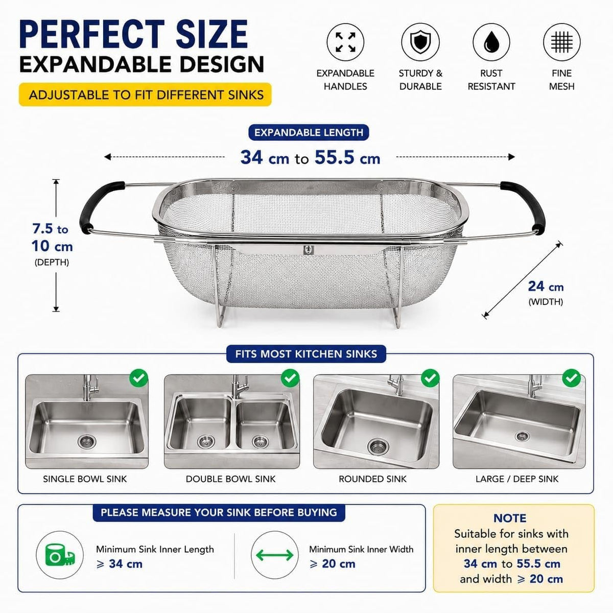 HUPLA Stainless Steel Over Sink Strainer Basket | Expandable Kitchen Sink Colander with Fine Mesh for Washing Fruits, Vegetables & Draining Pasta