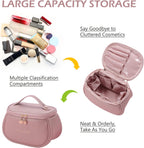 Portable Mini Makeup Organizer Pouch for Women | Large Opening Cosmetic Storage Bag with Brush Holder & Multi Compartments
