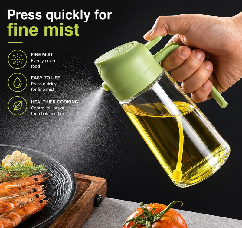 HUPLA 2-in-1 Cooking Oil Sprayer & Dispenser Bottle | Fine Mist Spray & Controlled Pour Oil Container for Air Fryer, Cooking, BBQ & Salad – Green