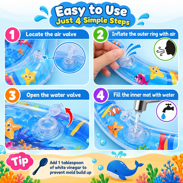 HUPLA Inflatable Baby Tummy Time Water Play Mat | Sensory Activity Mat with Floating Sea Animals for Infants | Blue