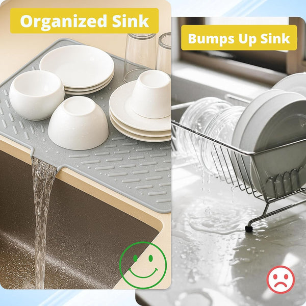 HUPLA Kitchen Sink Draining Mat with Water Drain Spout | Large Dish Drying Mat for Plates, Cups, Glasses & Utensils | Countertop Water Drainage Mat – Grey