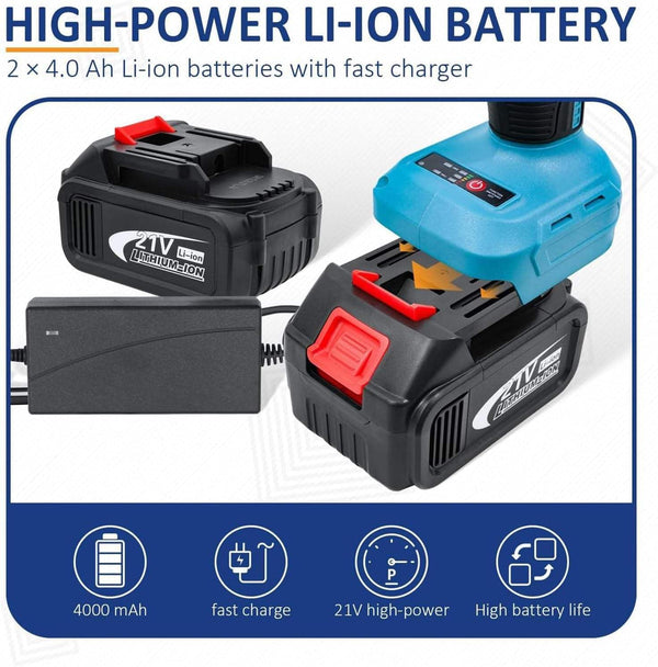 HUPLA 21V Cordless Impact Drill & Screwdriver Set – 4000mAh Li-Ion Battery with Drill Bits, Sockets & Carrying Case