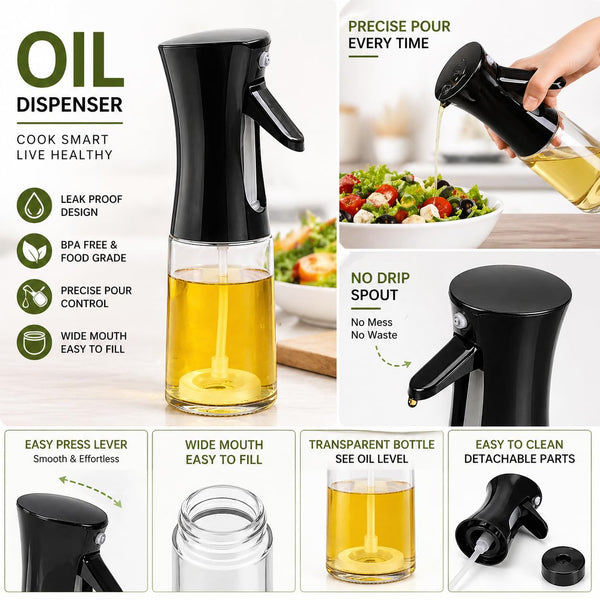 HUPLA Cooking Oil Spray Bottle | Fine Mist Oil Sprayer for Kitchen, Air Fryer, BBQ, Salad & Baking | Refillable Oil Dispenser – Black