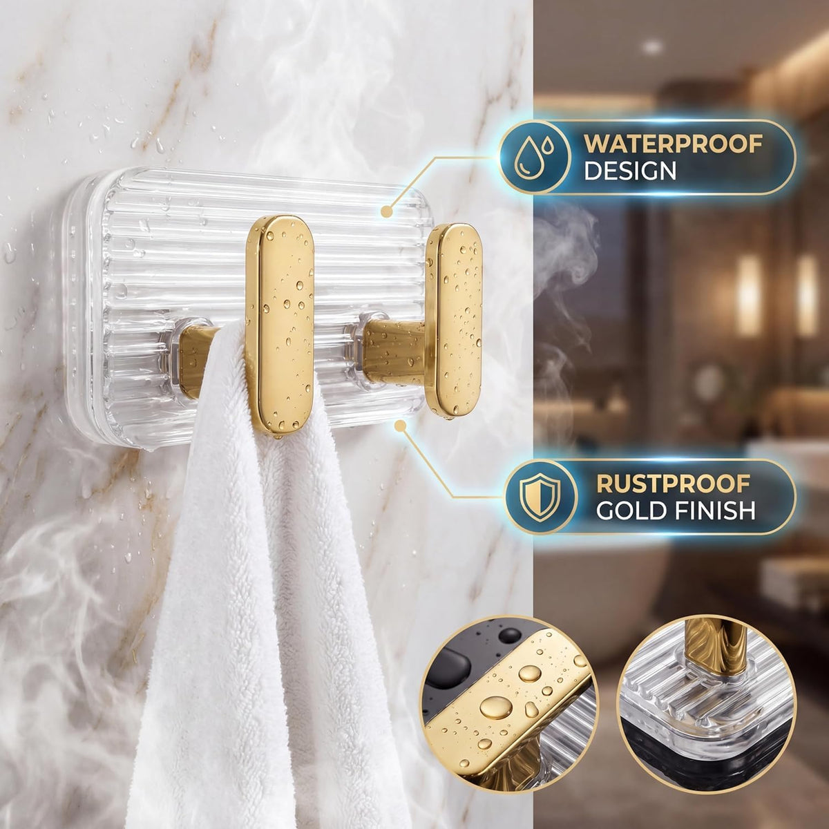 HUPLA Luxury Gold Transparent Double Wall Hook | 2-in-1 Wall Mounted Hanger with Clear Ribbed Back Plate for Towels, Loofahs, Keys & Accessories – Single Piece