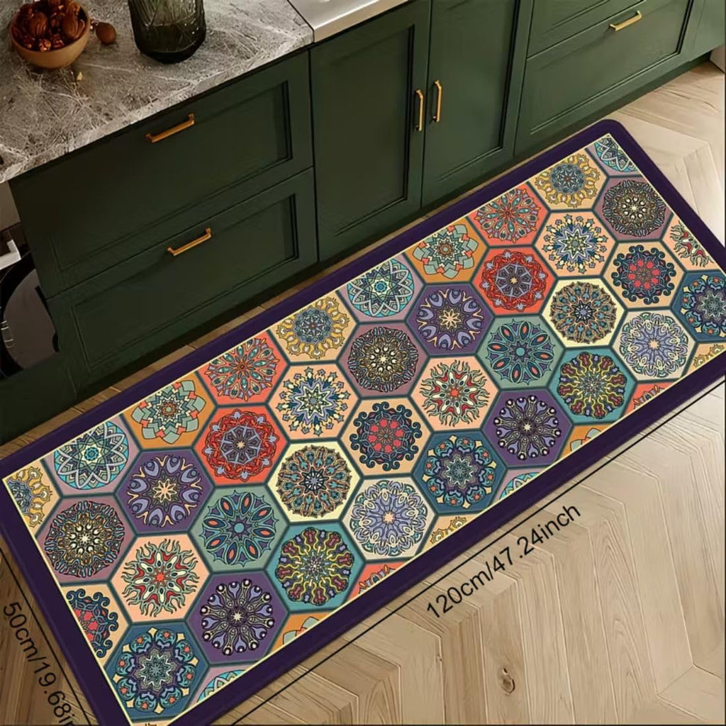 HUPLA Multicolour Printed Kitchen Floor Mat & Runner | Decorative Geometric Mandala Design Kitchen Rug for Sink, Countertop & Home Entrance | Rectangular Floor Mat