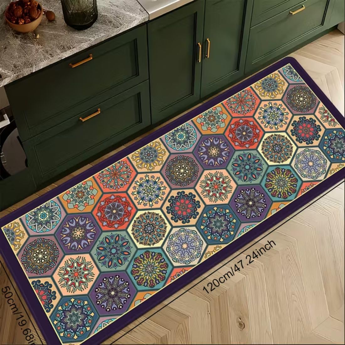 HUPLA Multicolour Printed Kitchen Floor Mat & Runner | Decorative Geometric Mandala Design Kitchen Rug for Sink, Countertop & Home Entrance | Rectangular Floor Mat