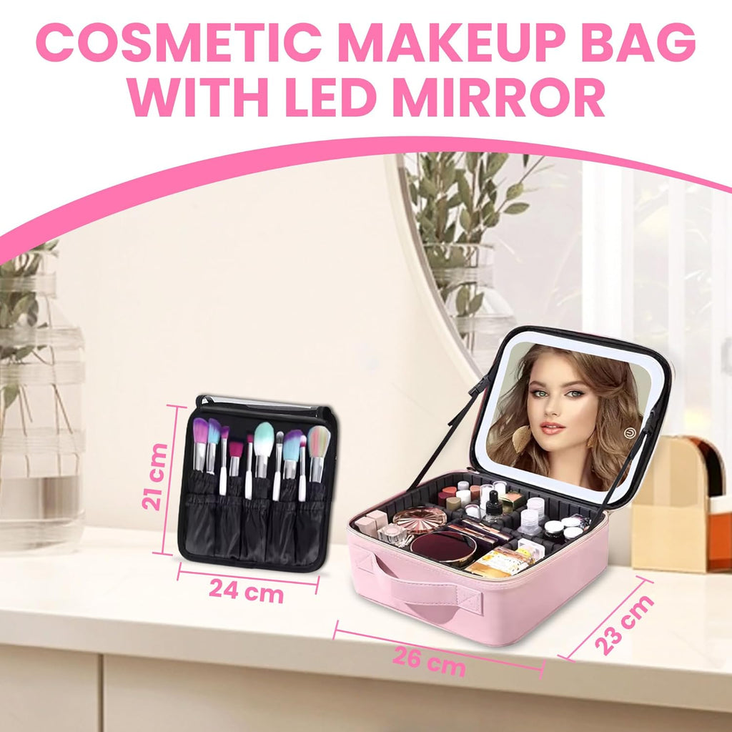 Professional Makeup Organizer Case with LED Mirror | Portable Cosmetic Storage Box with Adjustable Compartments & Brush Holder