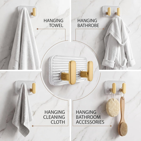 HUPLA Luxury Gold Transparent Double Wall Hook | 2-in-1 Wall Mounted Hanger with Clear Ribbed Back Plate for Towels, Loofahs, Keys & Accessories – Single Piece