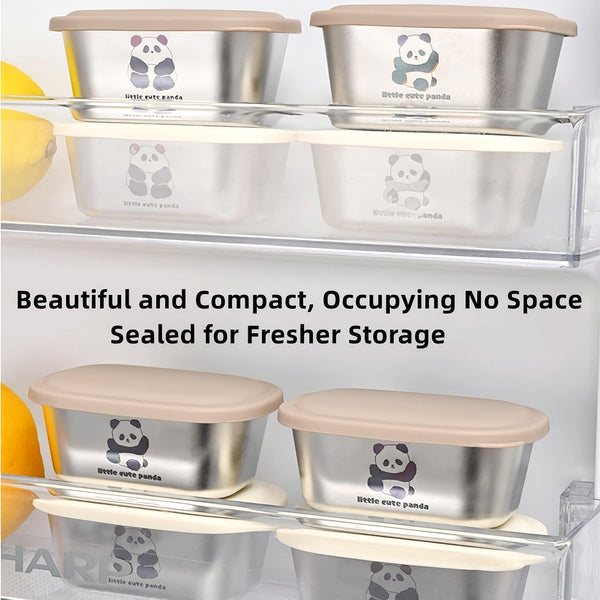 HUPLA Stainless Steel Mini Food Storage Containers with Lids | Cute Panda Print Small Snack & Lunch Boxes for Kids | Reusable Compact Food Storage Bowls – Silver & Cream