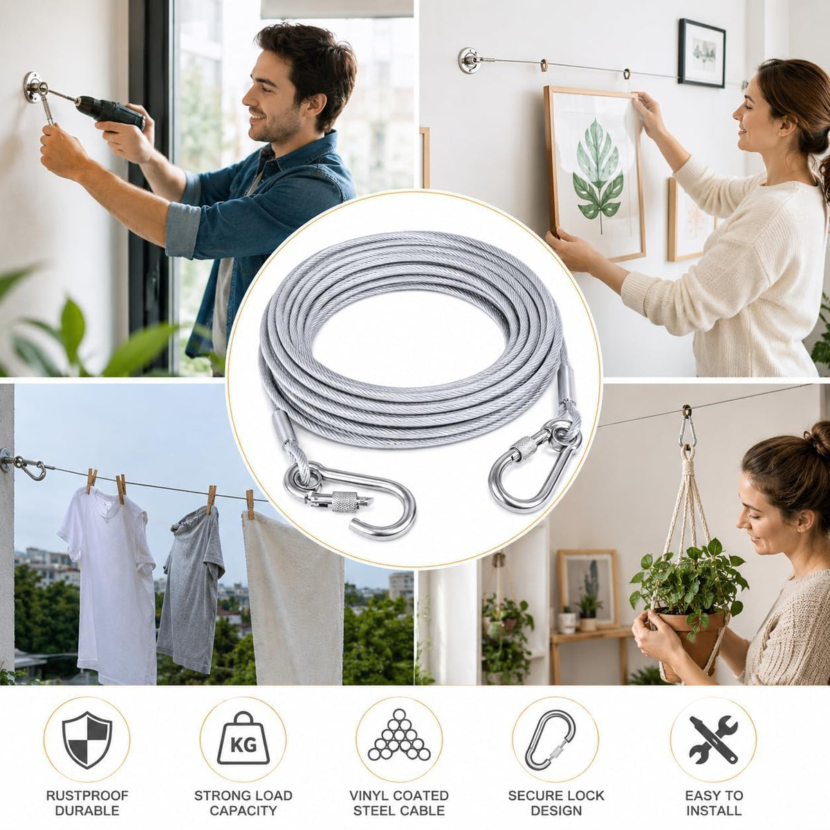 HUPLA 5 Meter Steel Wire Rope Cable with 2 Metal Hooks | Heavy-Duty Looking Braided Wire Cable with Locking Hook | Multipurpose Hanging & Securing Cable – Silver