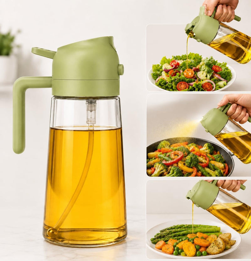 HUPLA 2-in-1 Cooking Oil Sprayer & Dispenser Bottle | Fine Mist Spray & Controlled Pour Oil Container for Air Fryer, Cooking, BBQ & Salad – Green