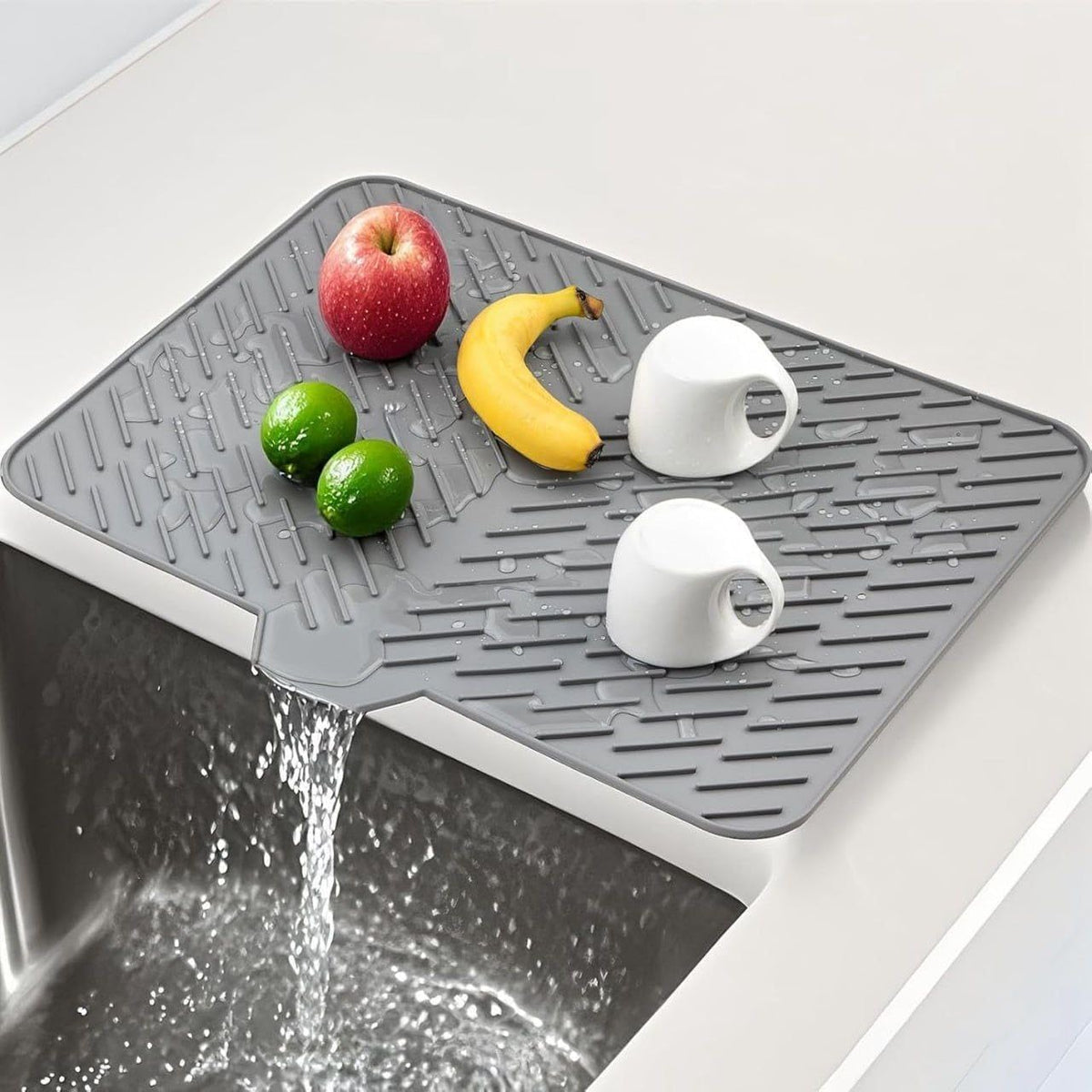 HUPLA Kitchen Sink Draining Mat with Water Drain Spout | Large Dish Drying Mat for Plates, Cups, Glasses & Utensils | Countertop Water Drainage Mat – Grey