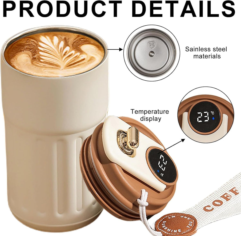 HUPLA Stainless Steel Insulated Coffee Cup with Lid | Portable Hot & Cold Travel Coffee Mug with Carry Strap | Reusable Coffee Tumbler for Office, Home & Travel – White & Brown