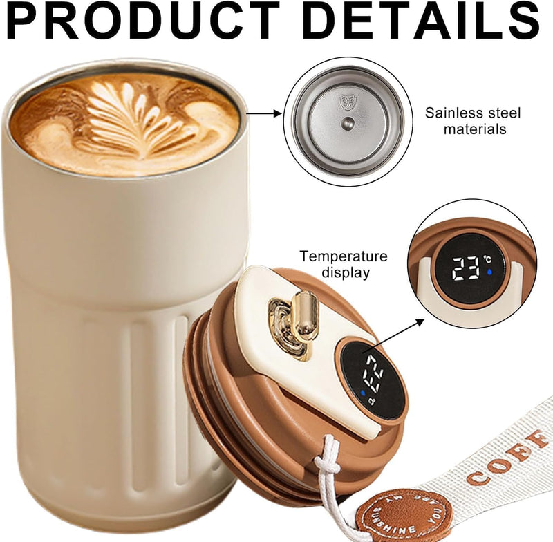 HUPLA Stainless Steel Insulated Coffee Cup with Lid | Portable Hot & Cold Travel Coffee Mug with Carry Strap | Reusable Coffee Tumbler for Office, Home & Travel – White & Brown