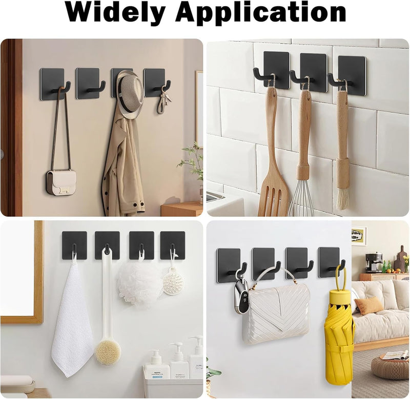 HUPLA Self-Adhesive Wall Hooks Pack of 3 | Black Stainless Steel No-Drill Towel & Clothes Hangers | Rust-Resistant Wall Mounted Hooks for Bathroom, Kitchen & Home