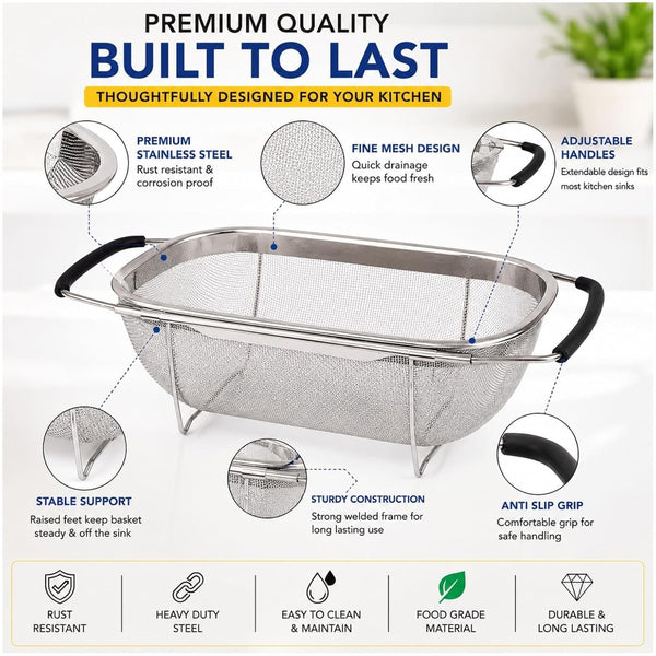 HUPLA Stainless Steel Over Sink Strainer Basket | Expandable Kitchen Sink Colander with Fine Mesh for Washing Fruits, Vegetables & Draining Pasta