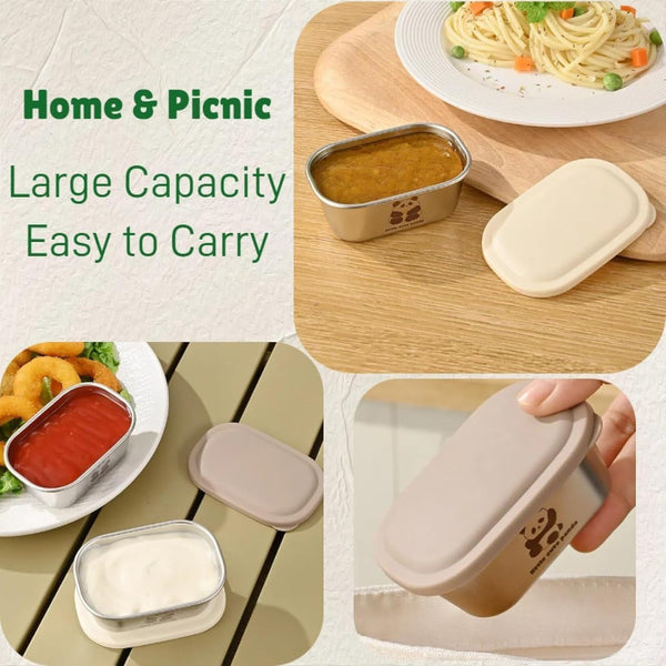 HUPLA Stainless Steel Mini Food Storage Containers with Lids | Cute Panda Print Small Snack & Lunch Boxes for Kids | Reusable Compact Food Storage Bowls – Silver & Cream
