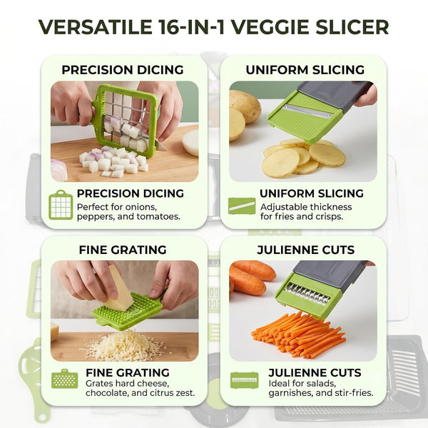 HUPLA 16-in-1 Multifunction Vegetable Chopper & Slicer with Container | Manual Veggie Cutter, Dicer, Grater, Julienne Slicer & Peeler | Kitchen Food Preparation Tool – Black & Green