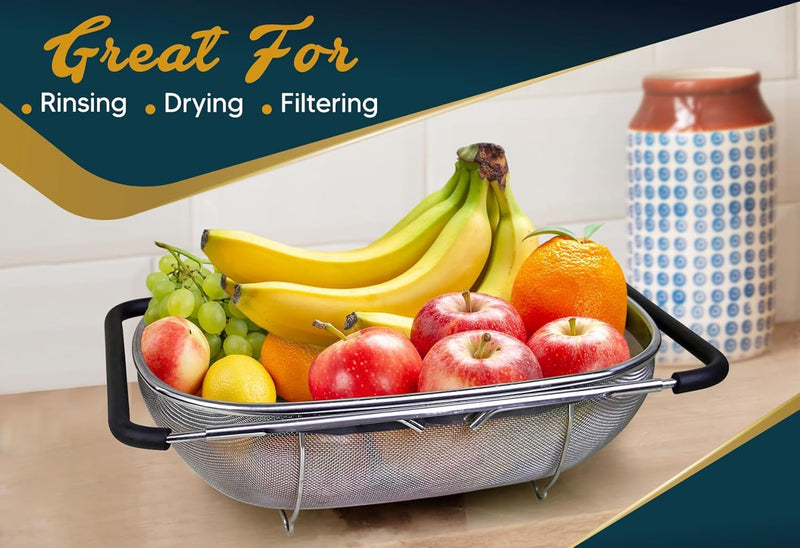HUPLA Stainless Steel Over Sink Strainer Basket | Expandable Kitchen Sink Colander with Fine Mesh for Washing Fruits, Vegetables & Draining Pasta
