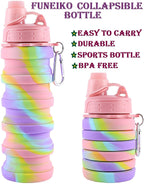 HUPLA Rainbow Collapsible Silicone Water Bottle for Kids | Foldable Reusable Drinking Bottle with Straw Lid & Carrying Clip | Portable Water Bottle for School, Travel & Outdoor Activities – Multicolour
