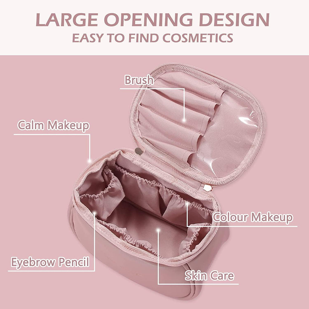 Portable Mini Makeup Organizer Pouch for Women | Large Opening Cosmetic Storage Bag with Brush Holder & Multi Compartments