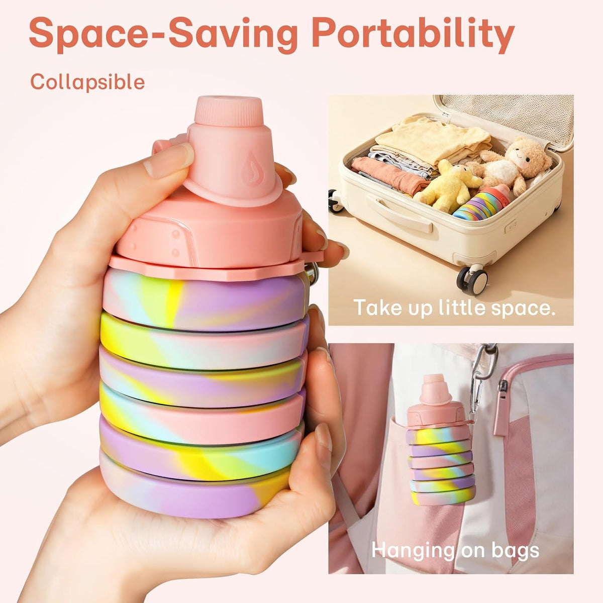 HUPLA Rainbow Collapsible Silicone Water Bottle for Kids | Foldable Reusable Drinking Bottle with Straw Lid & Carrying Clip | Portable Water Bottle for School, Travel & Outdoor Activities – Multicolour