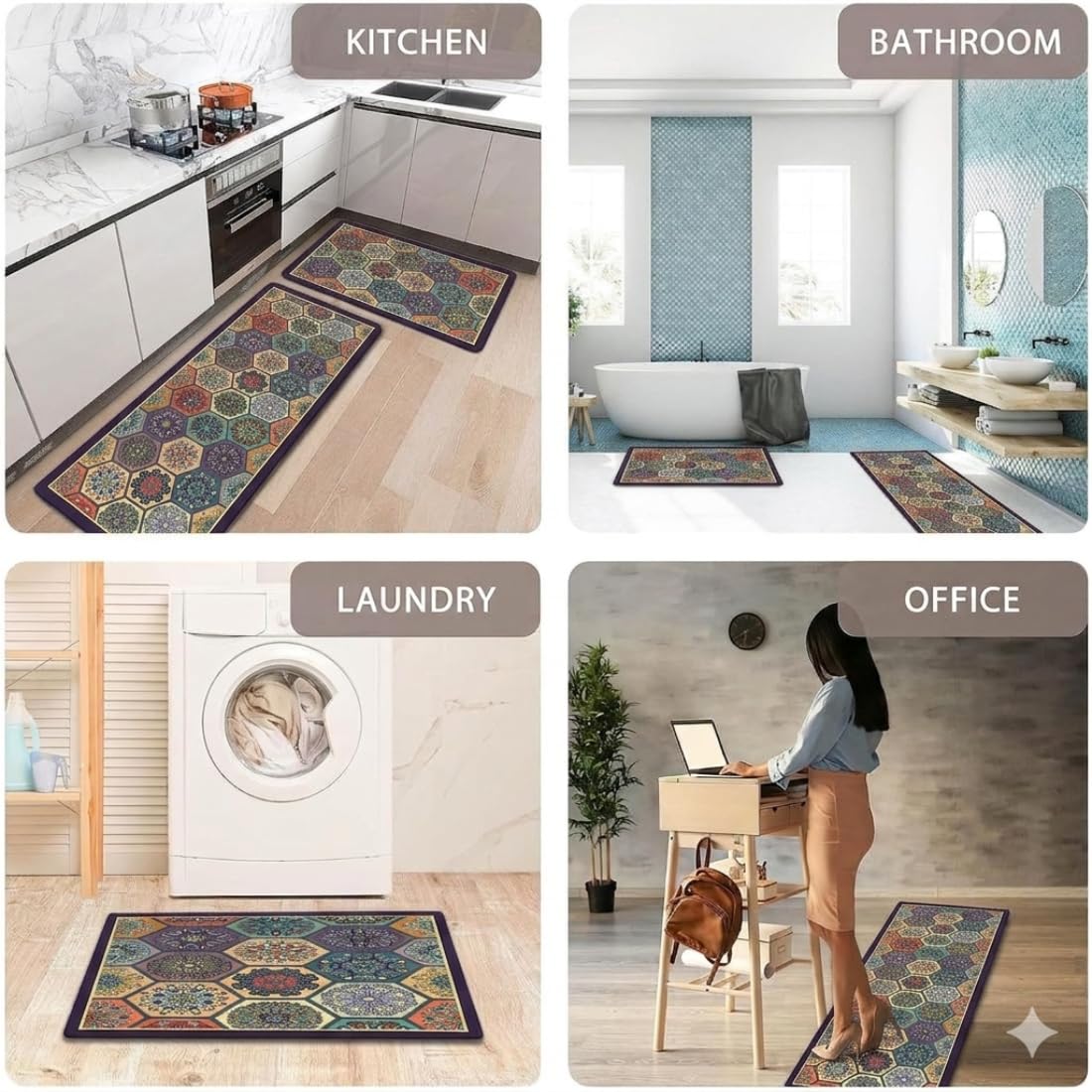 HUPLA Multicolour Printed Kitchen Floor Mat & Runner | Decorative Geometric Mandala Design Kitchen Rug for Sink, Countertop & Home Entrance | Rectangular Floor Mat