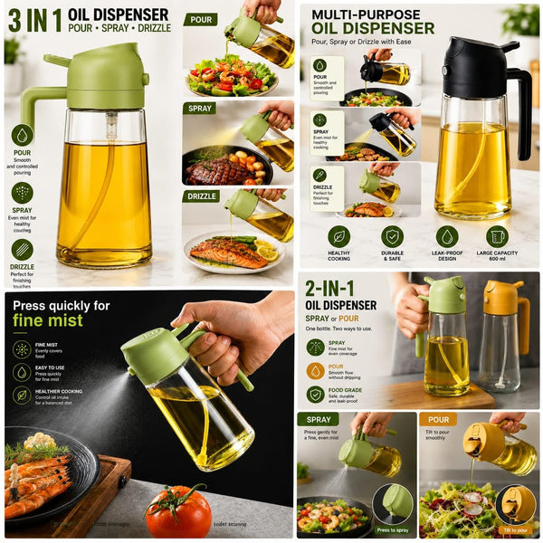 HUPLA 2-in-1 Cooking Oil Sprayer & Dispenser Bottle | Fine Mist Spray & Controlled Pour Oil Container for Air Fryer, Cooking, BBQ & Salad – Green