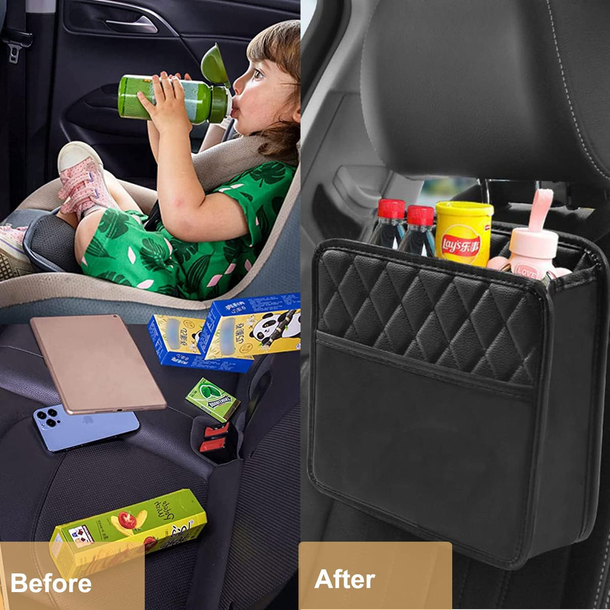 Car Seat Side Organizer & Storage Bag with Bottle Holder and Mobile Pocket