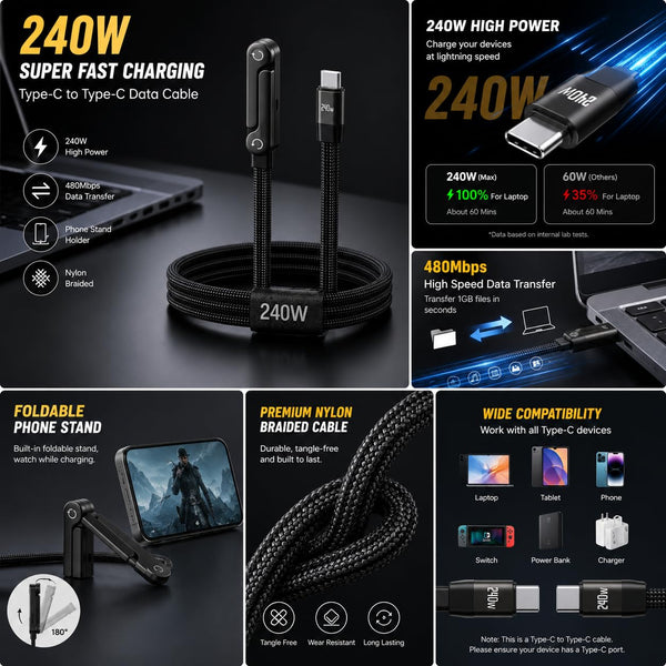 HUPLA 240W USB Type-C Fast Charging Cable with Built-in Foldable Mobile Stand | Braided USB-C to USB-C Charging & Data Cable | Black – 1 Pc