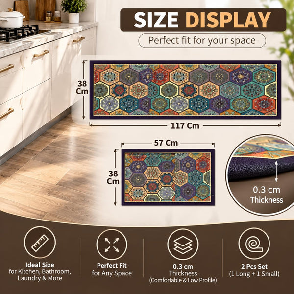 HUPLA Multicolour Printed Kitchen Floor Mat & Runner | Decorative Geometric Mandala Design Kitchen Rug for Sink, Countertop & Home Entrance | Rectangular Floor Mat