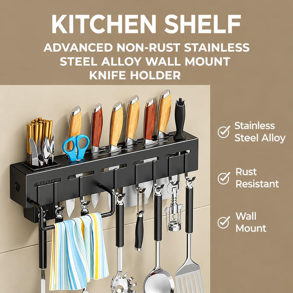 HUPLA Multifunctional Wall Mounted Kitchen Organizer Rack | Knife Holder, Utensil Storage, Hanging Hooks & Towel Bar | Space Saving Kitchen Storage Rack – Black
