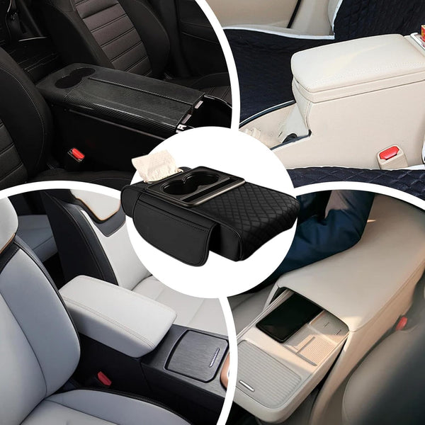 HUPLA Car Seat Organizer with Cup Holder & Tissue Box | PU Leather Back Seat Organizer | Foldable Car Armrest Console | Storage Tray for Car Interior (Black)HUPLA Car Seat Organizer with Cup Holder & Tissue Holder | Premium PU Leather