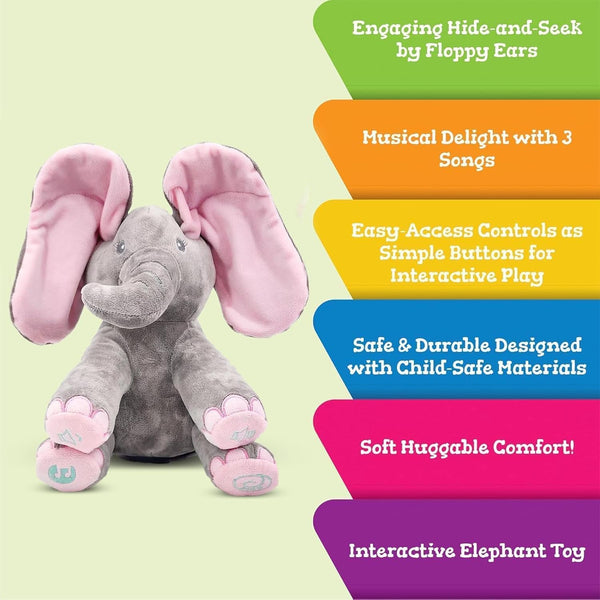HUPLA Peek A Boo Elephant Soft Toy for Kids | Interactive Musical Plush Elephant with Moving Ears, Singing & Peekaboo Action | Battery Operated Baby Toy – Grey & Pink