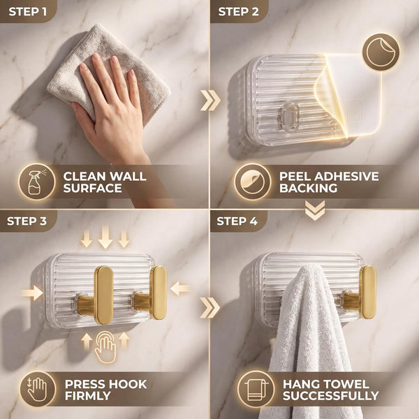 HUPLA Luxury Gold Transparent Double Wall Hook | 2-in-1 Wall Mounted Hanger with Clear Ribbed Back Plate for Towels, Loofahs, Keys & Accessories – Single Piece