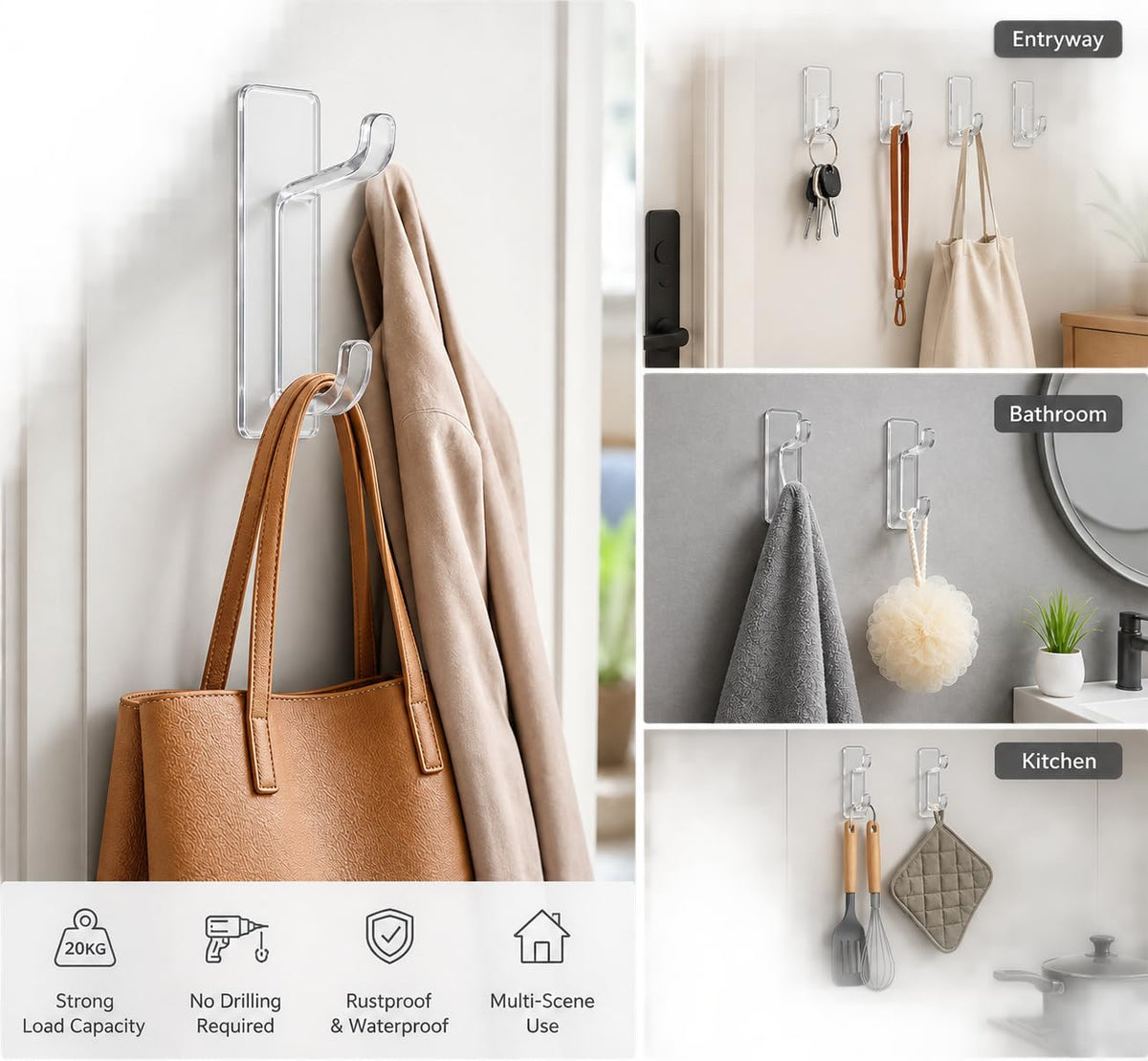 HUPLA Transparent Self-Adhesive Double Wall Hooks pack of 1 | No-Drill 2-in-1 Multipurpose Hooks for Bathroom, Kitchen, Towels, Clothes & Keys | Clear Design – Pack of 6