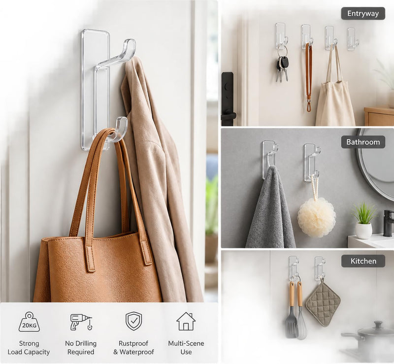 HUPLA Transparent Self-Adhesive Double Wall Hooks pack of 1 | No-Drill 2-in-1 Multipurpose Hooks for Bathroom, Kitchen, Towels, Clothes & Keys | Clear Design – Pack of 6