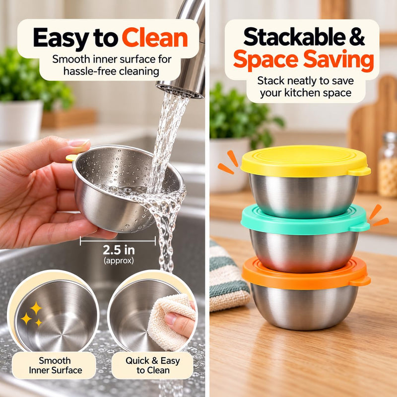 HUPLA Stainless Steel Food Storage Bowl with Lid | Reusable Round Kitchen Container for Snacks, Fruits, Dry Fruits & Leftovers | Colourful Lid Options