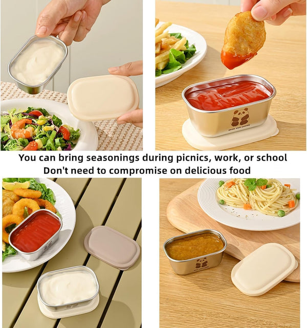 HUPLA Stainless Steel Mini Food Storage Containers with Lids | Cute Panda Print Small Snack & Lunch Boxes for Kids | Reusable Compact Food Storage Bowls – Silver & Cream
