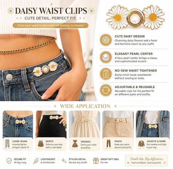 Daisy Flower Jeans Waist Button Set – Black & White Decorative Adjustable Waist Buttons for Jeans, Pants & Skirts | Pack of 2