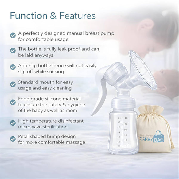 HUPLA Manual Breast Pump with 150ml Milk Collection Bottle | Hand-Operated Breast Milk Pump with Soft Silicone Cushion, Ergonomic Handle & Feeding Nipple | Portable Breastfeeding Accessory for Mothers