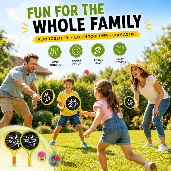 HUPLA Kids Paddle Ball Racket Set with 2 Rackets & 2 Balls | Lightweight Outdoor & Indoor Catch Ball Game | Fun Sports Activity Toy for Children – 4 Pcs Set